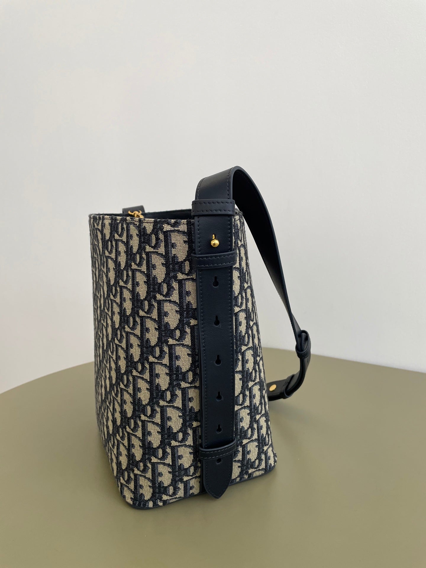 Structured navy-and-beige Dior monogram tote bag with top strap and hardware