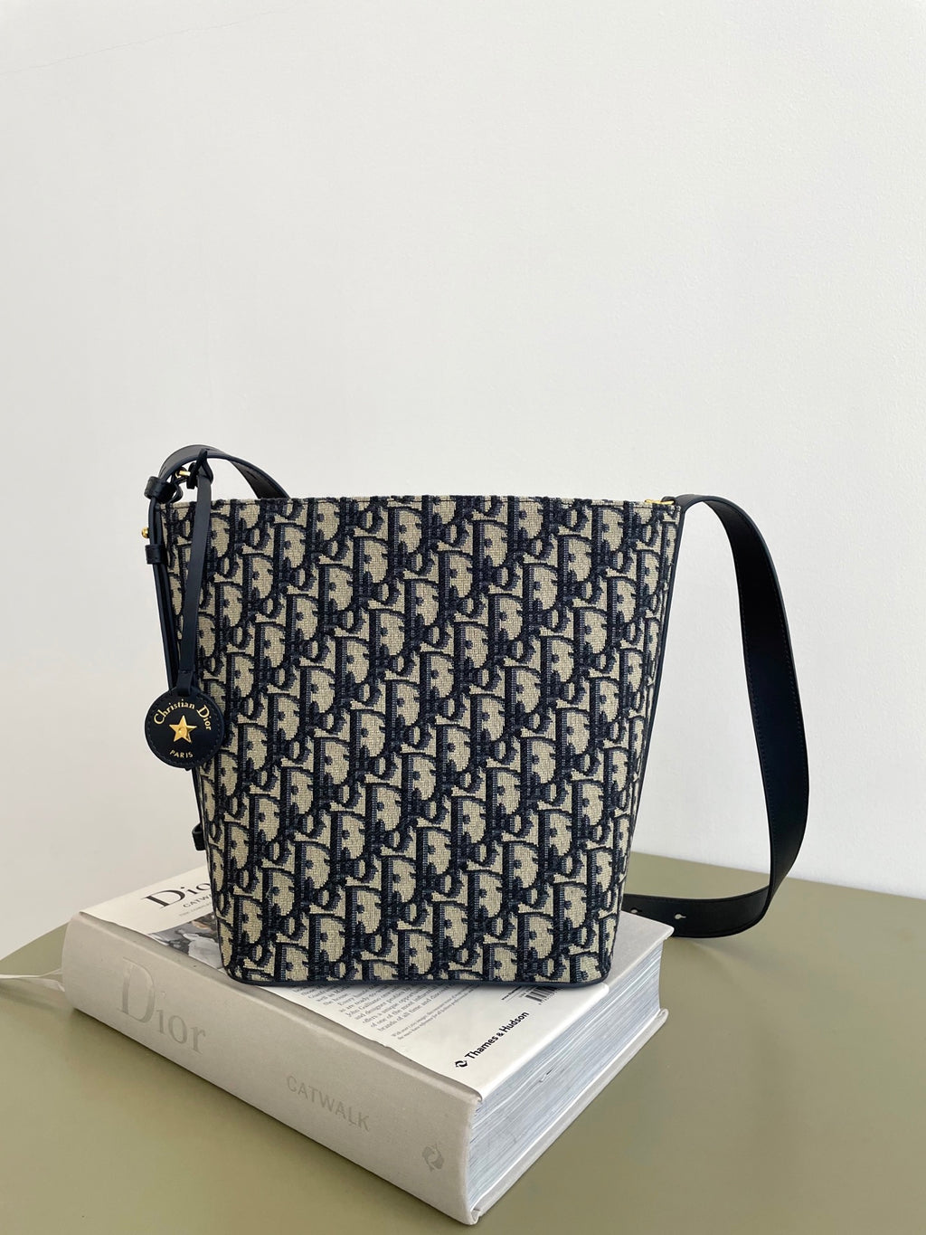 Navy and beige Dior monogram shoulder bag with strap