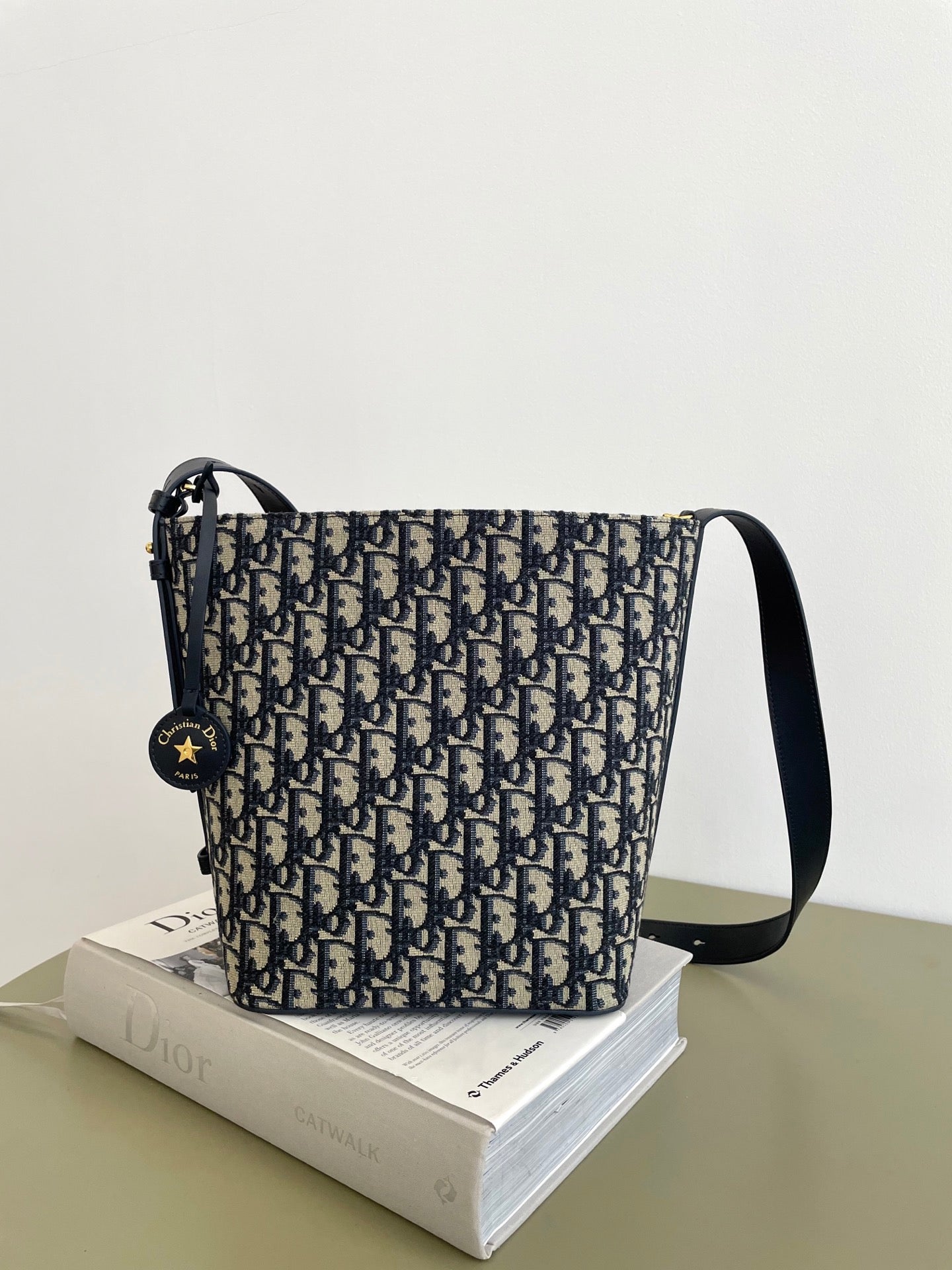 Navy and beige Dior monogram shoulder bag with strap
