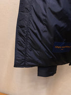 Louis Vuitton long jacket side view with Louis Vuitton logo patch