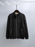 Black zip-up hoodie with raised collar and silver front zipper