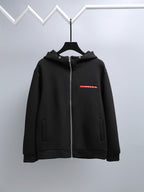 Black zip-up hooded jacket with Prada logo on chest