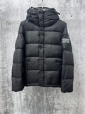 Long quilted puffer jacket with hood, front zipper, and Burberry England logo patch