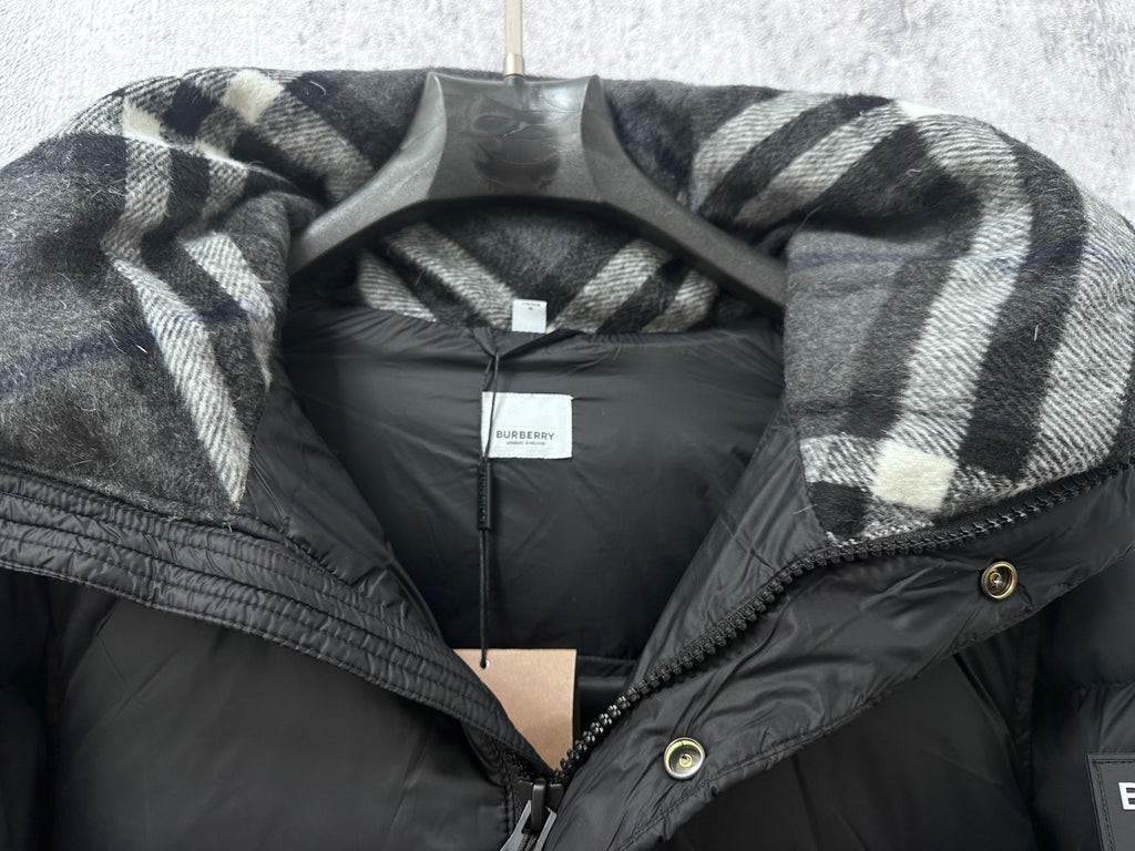 Long puffer jacket with plaid-lined hood and inner neck label