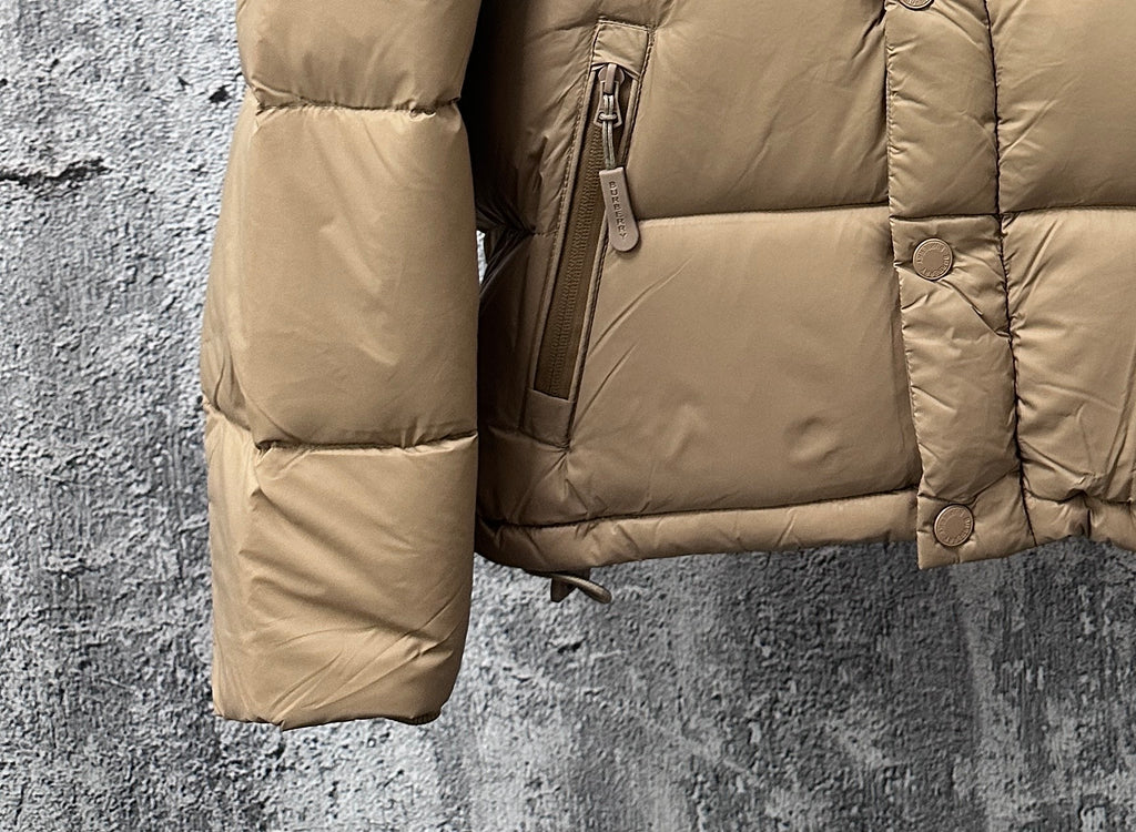 Burberry hooded long puffer jacket, beige, zip front and cuff snaps