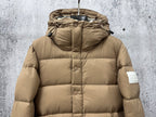 Burberry hooded long puffer jacket, beige, button front and padded high collar