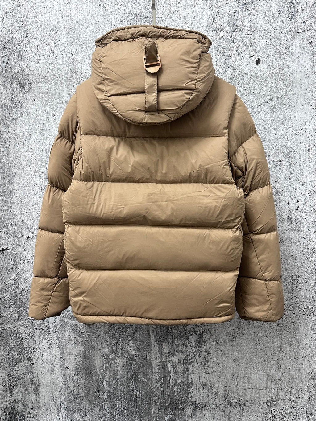 Burberry hooded long puffer jacket, beige, adjustable hood and horizontal quilting
