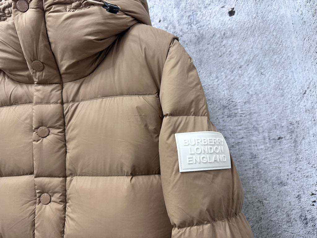 Burberry hooded long puffer jacket, beige, sleeve patch and quilted panel