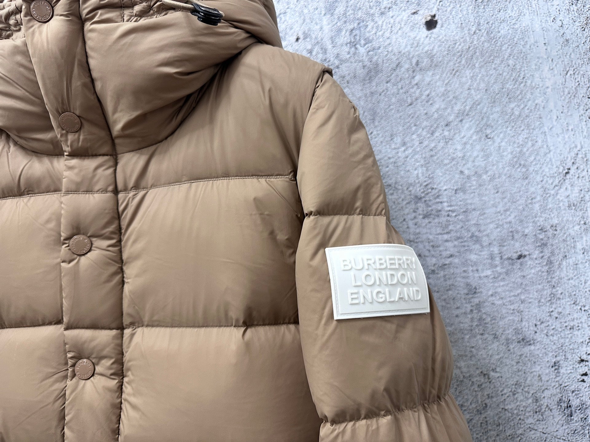 Burberry hooded long puffer jacket, beige, sleeve patch and quilted panel