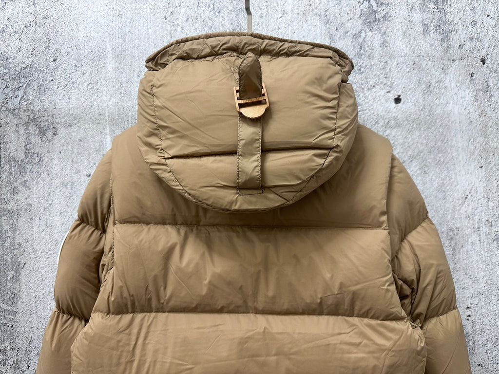 Burberry hooded long puffer jacket, beige, back view with hood padding