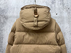Burberry hooded long puffer jacket, beige, back view with hood padding