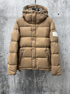 Burberry hooded long puffer jacket, beige with button front and quilted panels