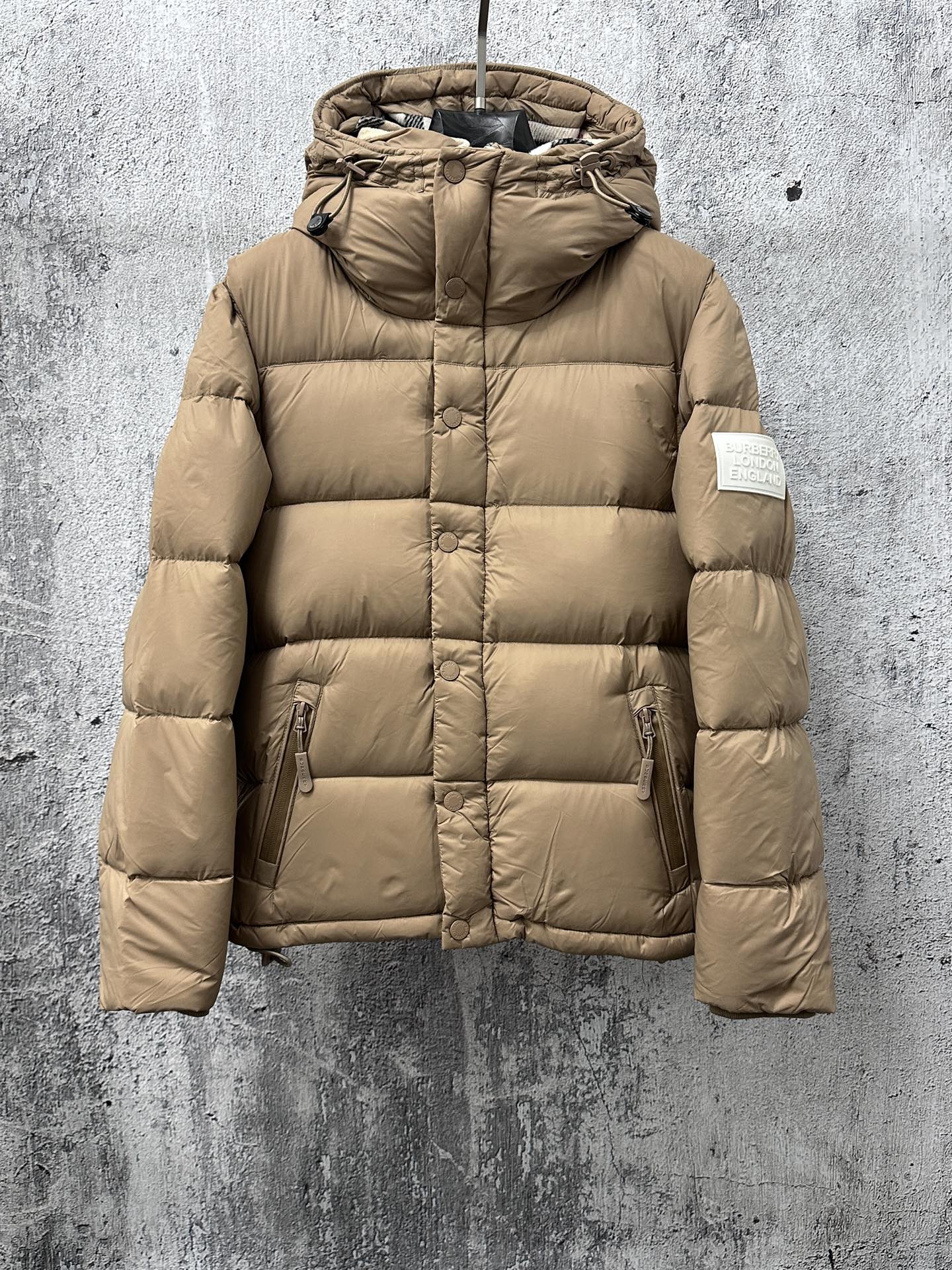 Burberry hooded long puffer jacket, beige with button front and quilted panels