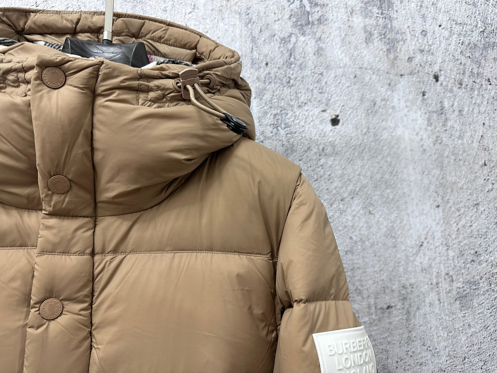 Burberry hooded long puffer jacket, beige, cinched hood with drawstrings