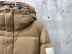 Burberry hooded long puffer jacket, beige, cinched hood with drawstrings