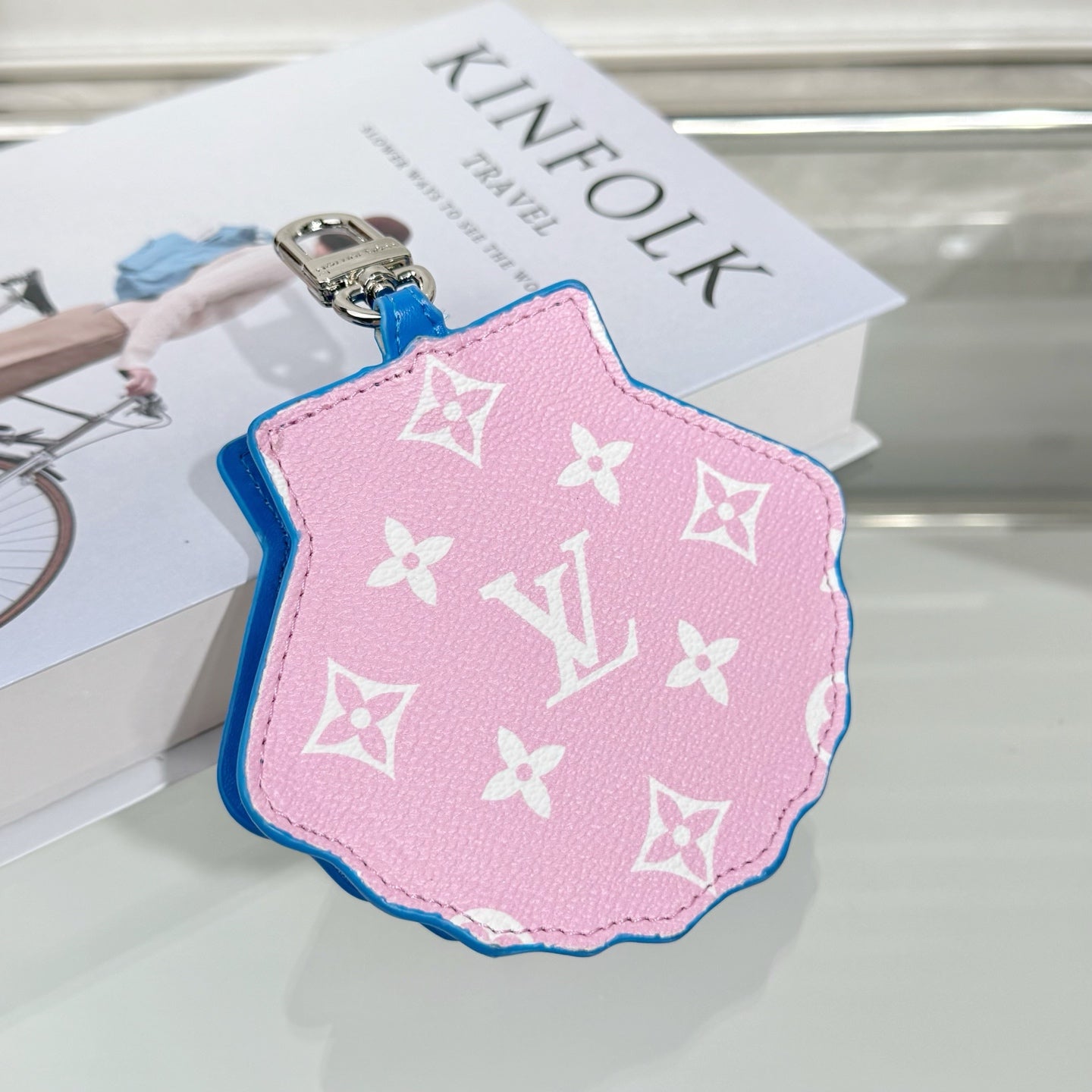 Louis Vuitton small shell bag, pink monogram with blue border and silver zipper pull