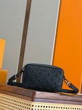 Men's Louis Vuitton monogram crossbody bag with zip top and adjustable shoulder strap.