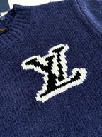 Louis Vuitton knit sweater with large white LV logo on dark blue chest