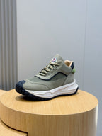 Moncler low-top sneakers, sage green upper with lace-up front and white midsole