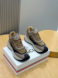 Moncler logo sneakers in taupe and navy, lace-up with cushioned white sole