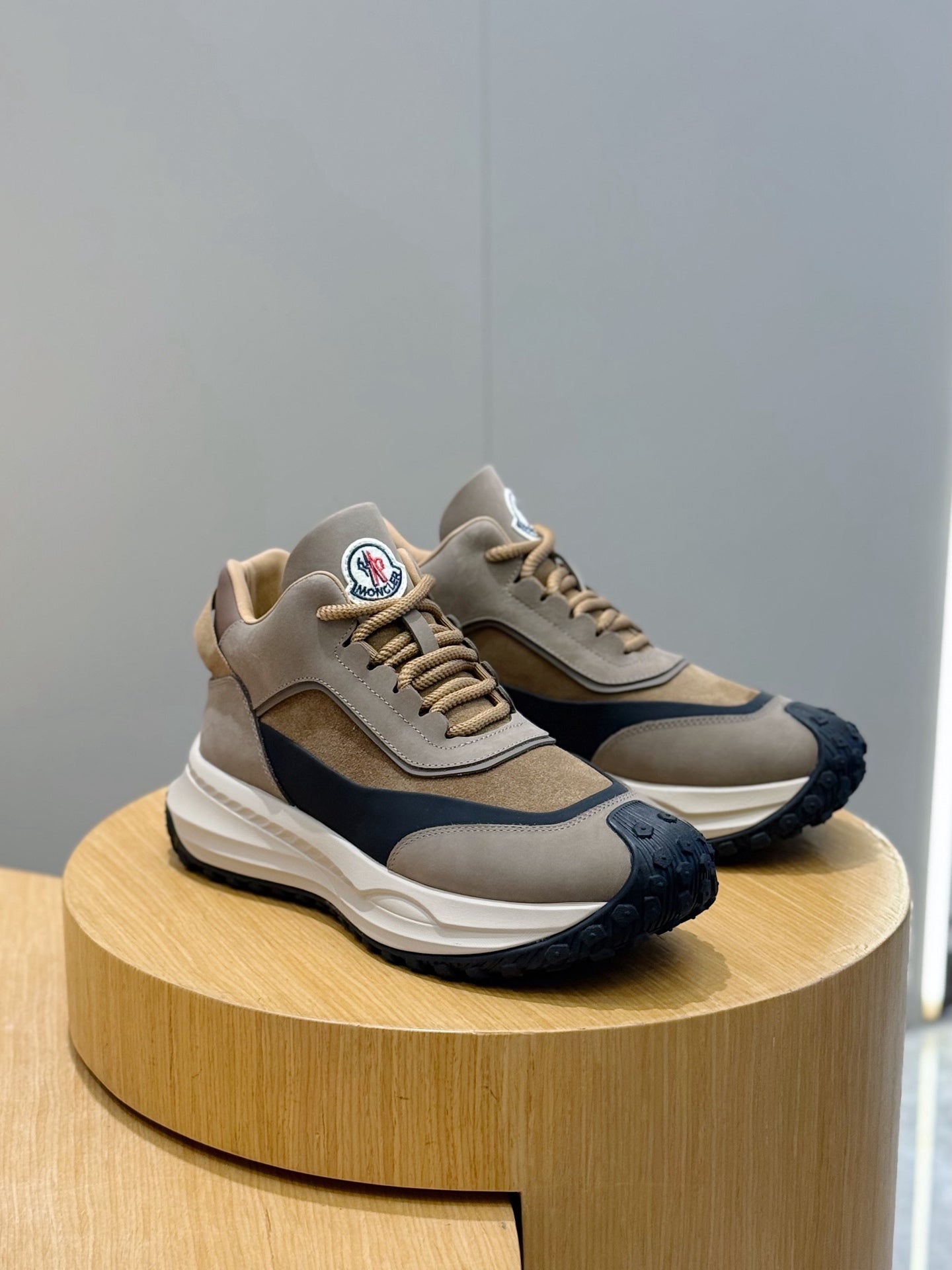 Moncler logo sneakers, taupe and navy with white midsole and textured outsole