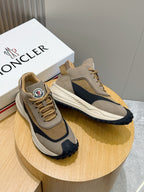 Moncler logo sneakers pair, taupe and navy lace-up with white midsoles