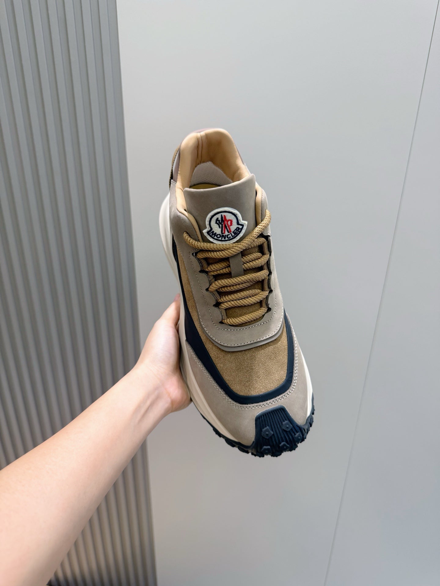 Moncler logo sneakers, taupe and navy lace-up with padded collar and thick sole