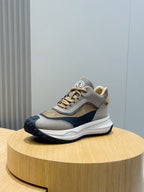 Moncler logo lace-up sneakers, taupe upper with navy panels and white sole