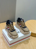 Moncler sneakers in beige with navy collar, tan laces, and red-white side stripe