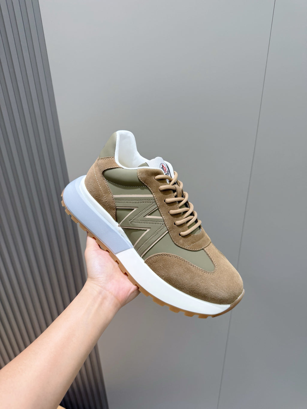 Moncler low-top sneakers in olive and tan suede with white midsole
