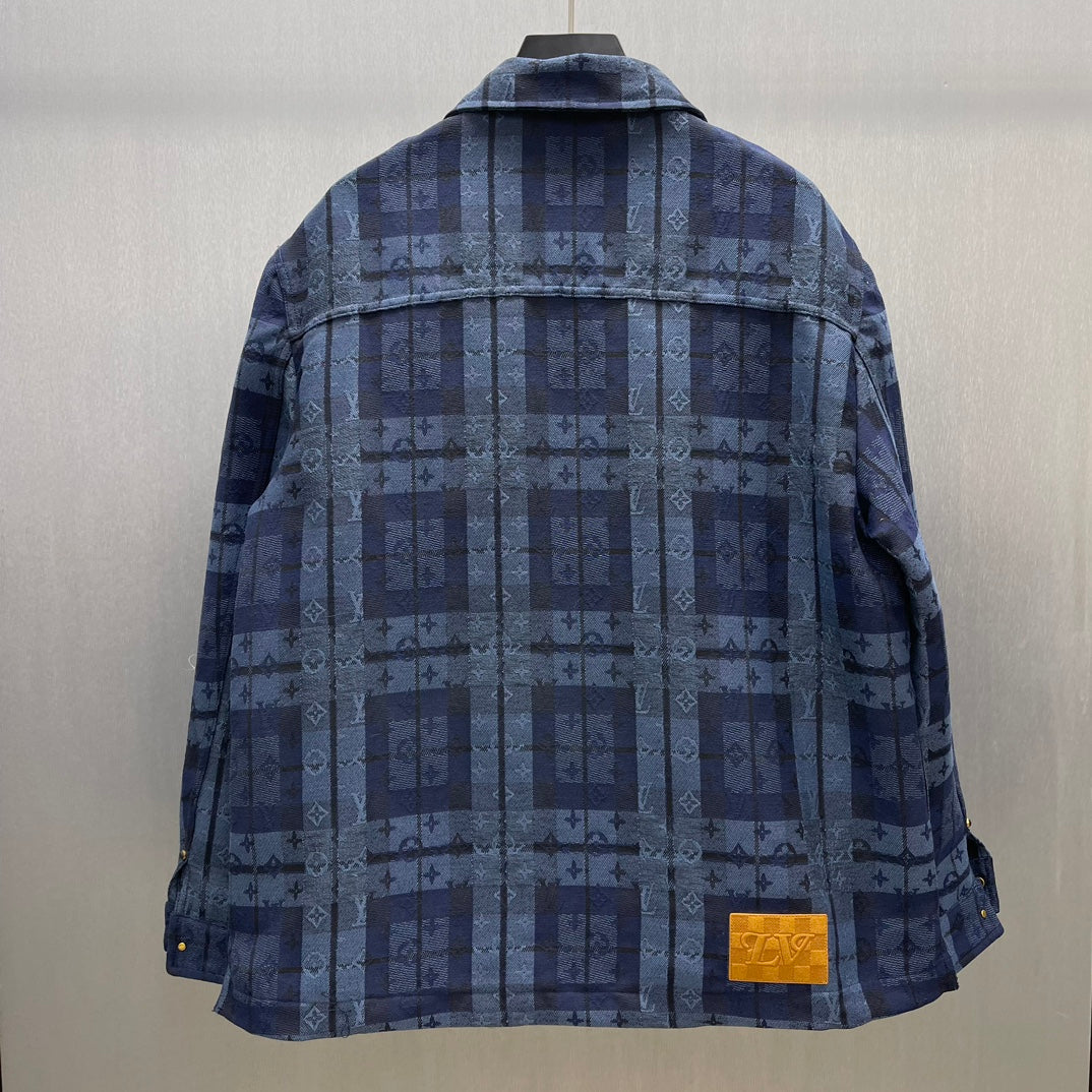 Blue patterned back view of long-sleeve shirt jacket with stand collar