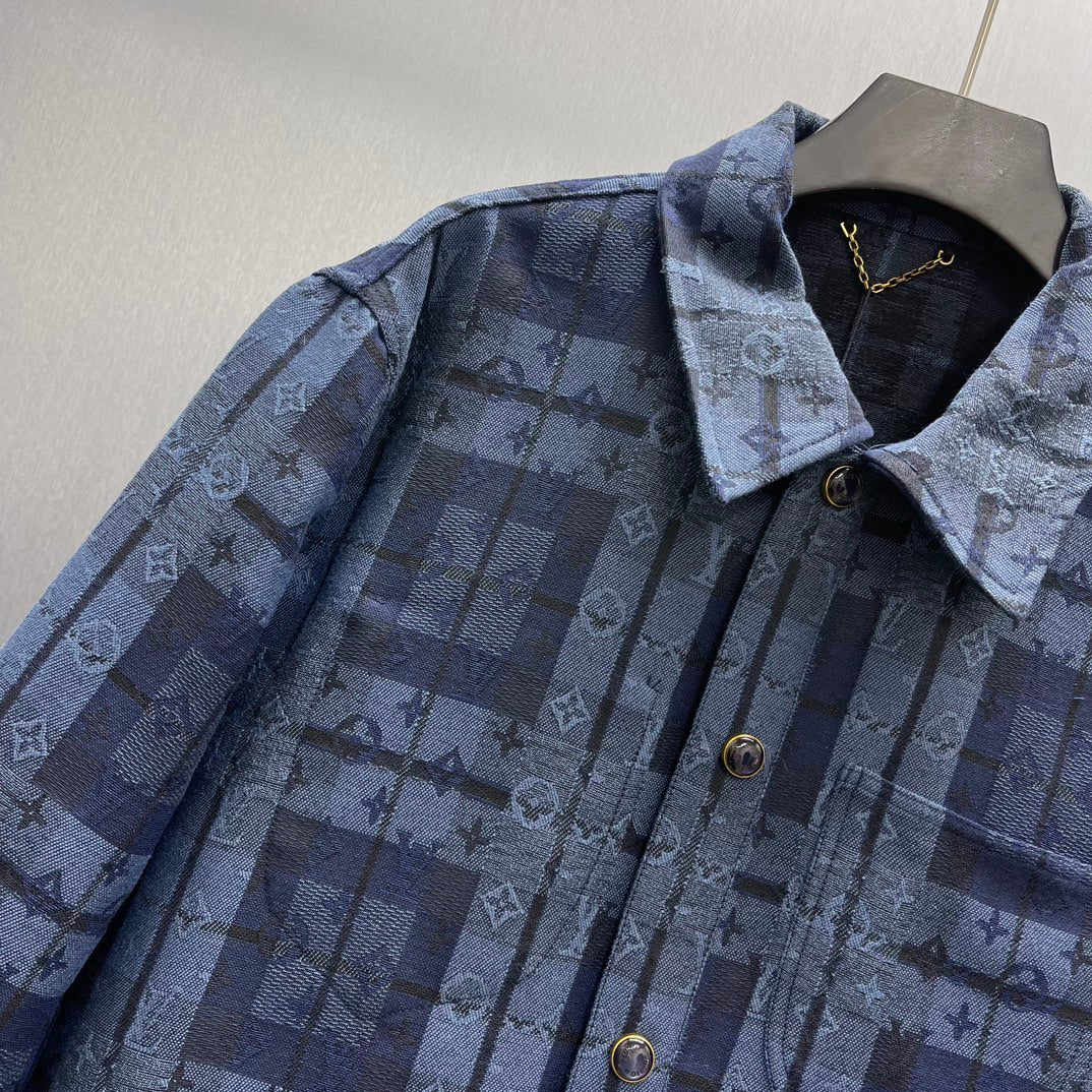 Blue patterned long-sleeve shirt jacket with point collar and front button placket