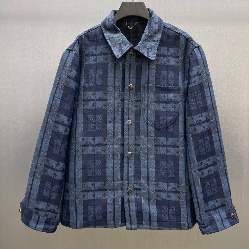 Blue patterned long-sleeve button-up shirt jacket with point collar and chest pockets