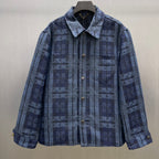 Blue patterned long-sleeve button-up shirt jacket with point collar and chest pockets