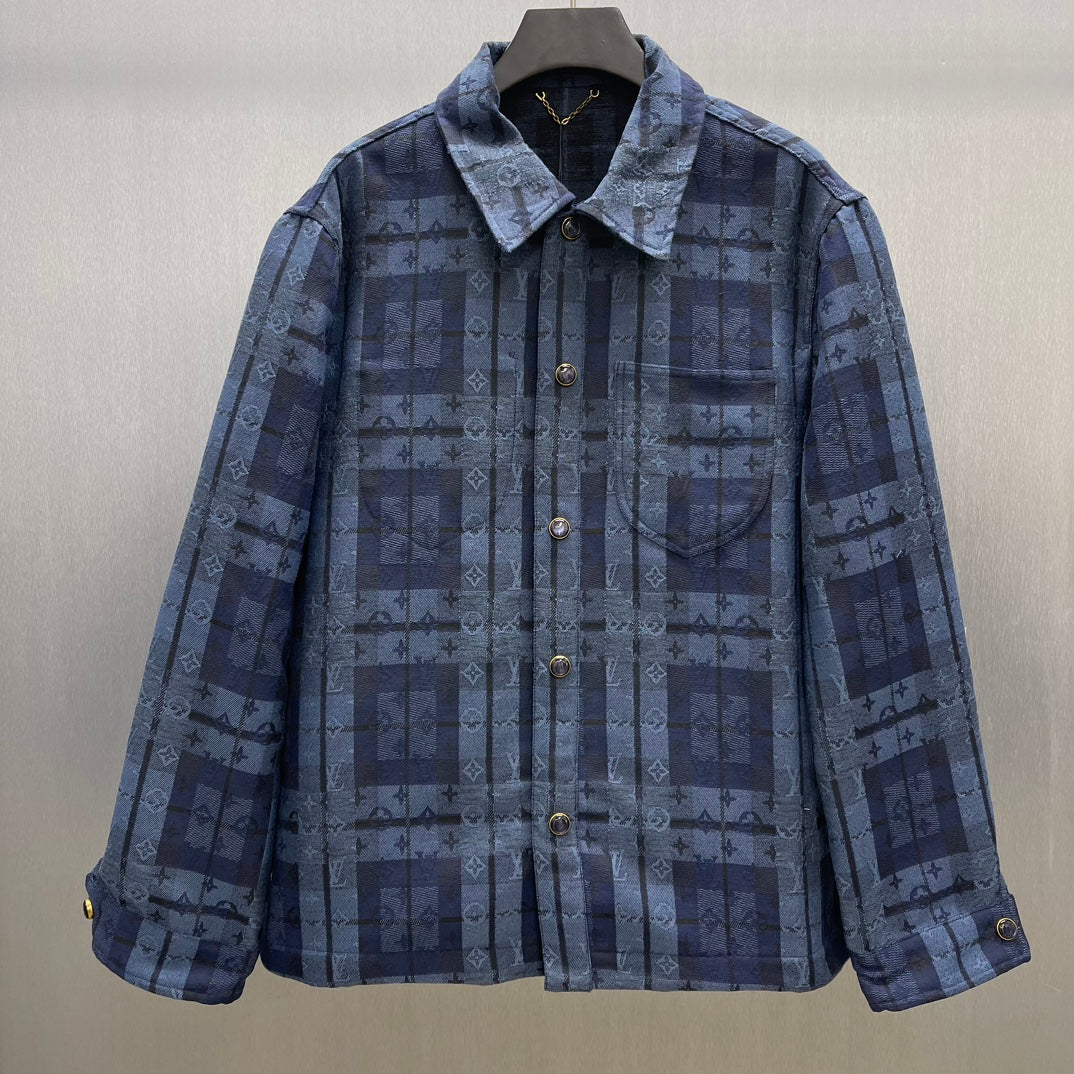 Blue patterned long-sleeve button-up shirt jacket with point collar and chest pockets