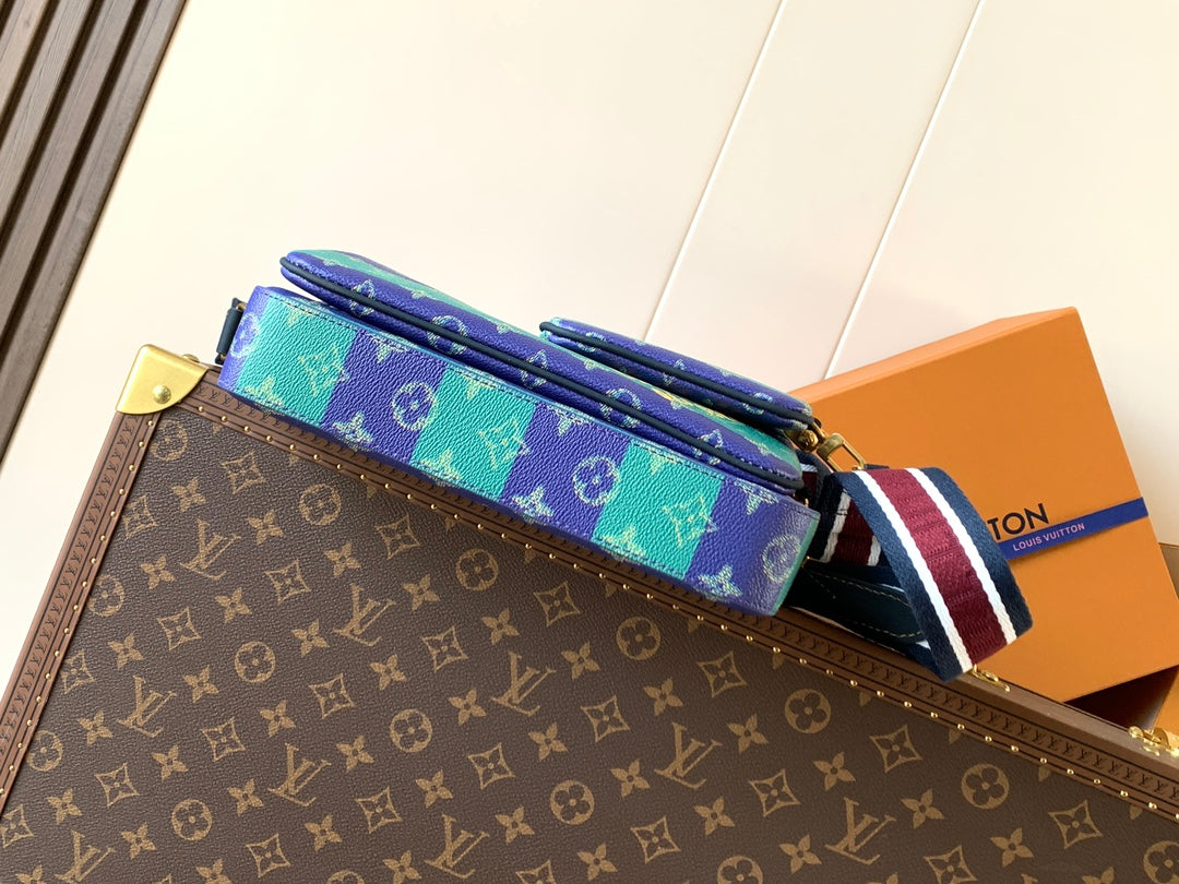 Louis Vuitton men’s crossbody bag edge view with top zipper and multicolor trim