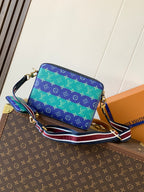 Louis Vuitton men’s crossbody bag in blue, purple, and green with striped strap