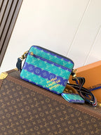 Louis Vuitton men’s crossbody bag, blue and green monogram print with gold hardware
