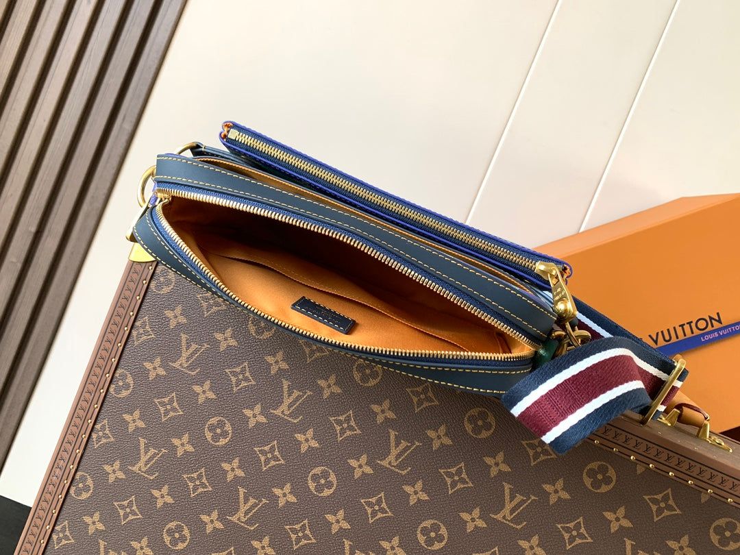 Louis Vuitton men’s crossbody bag open view with monogram lining and interior pocket