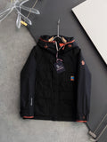 Long black winter jacket with zip front, orange trim, hood and logo patches