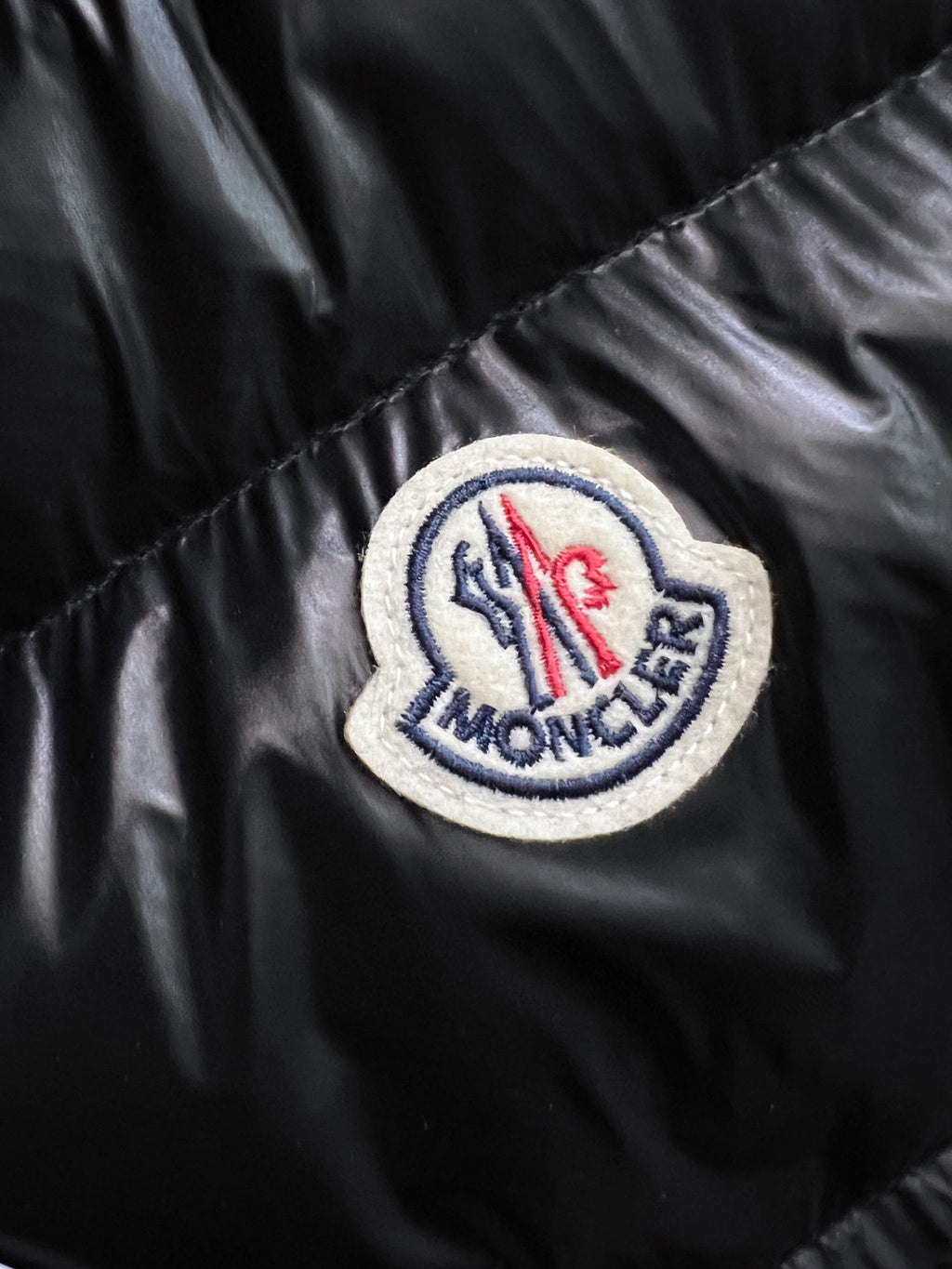 Circular logo patch on black puffer jacket sleeve