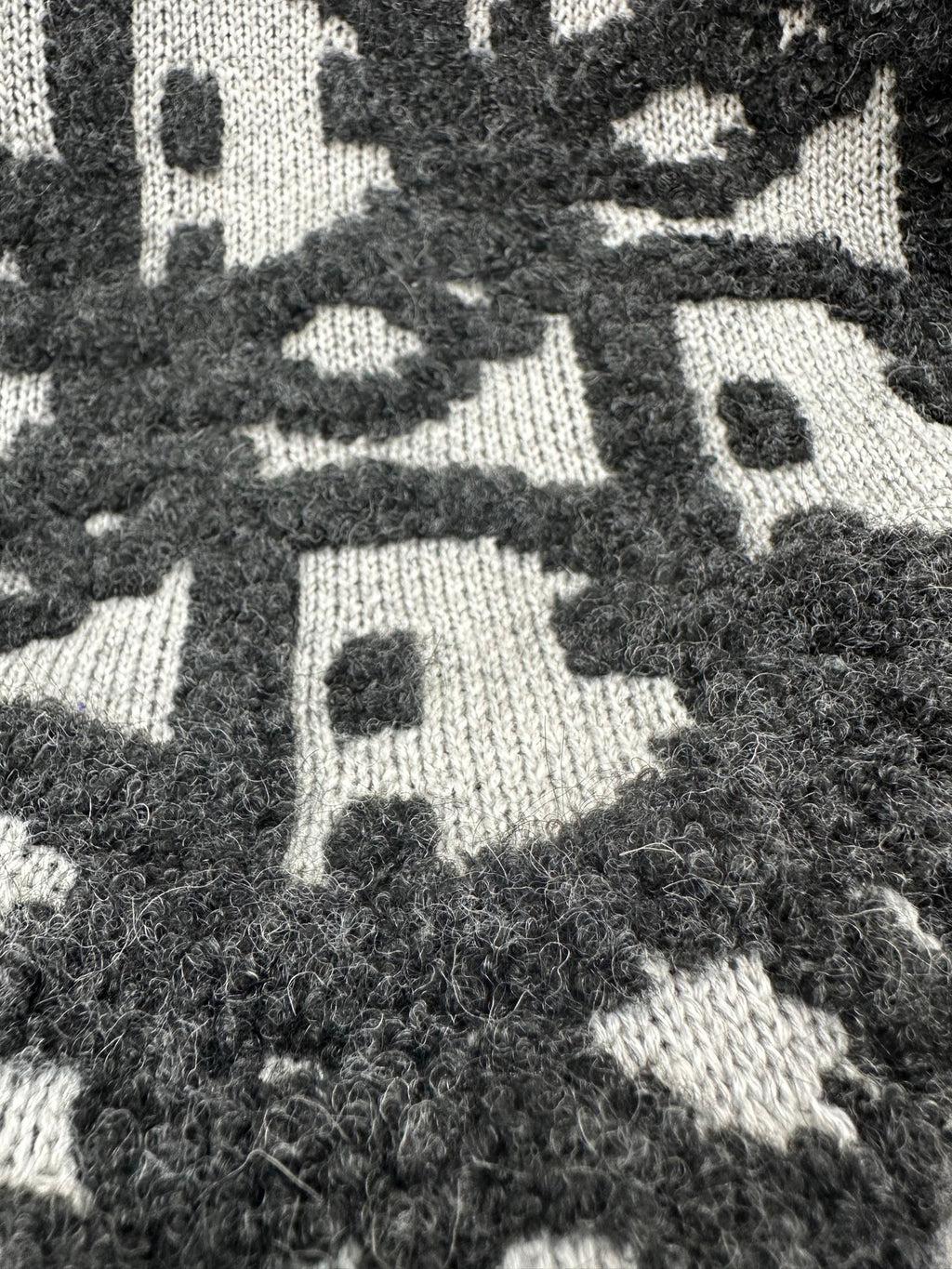 Close-up of black and white patterned knit fabric with textured finish