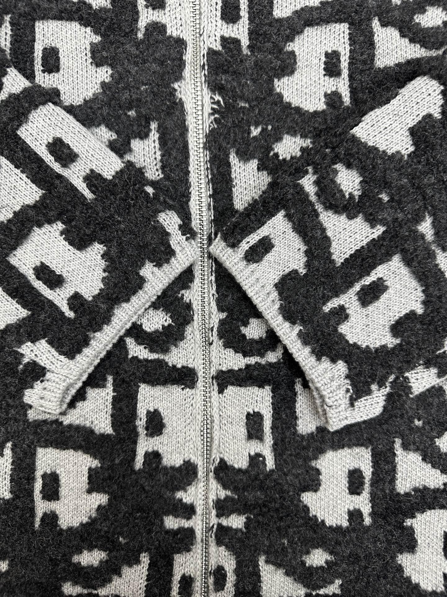Dior jacquard knit cardigan front panel detail, dark and white logo pattern