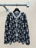 Jacquard knit cardigan with Dior logo pattern, full zip, dark and white