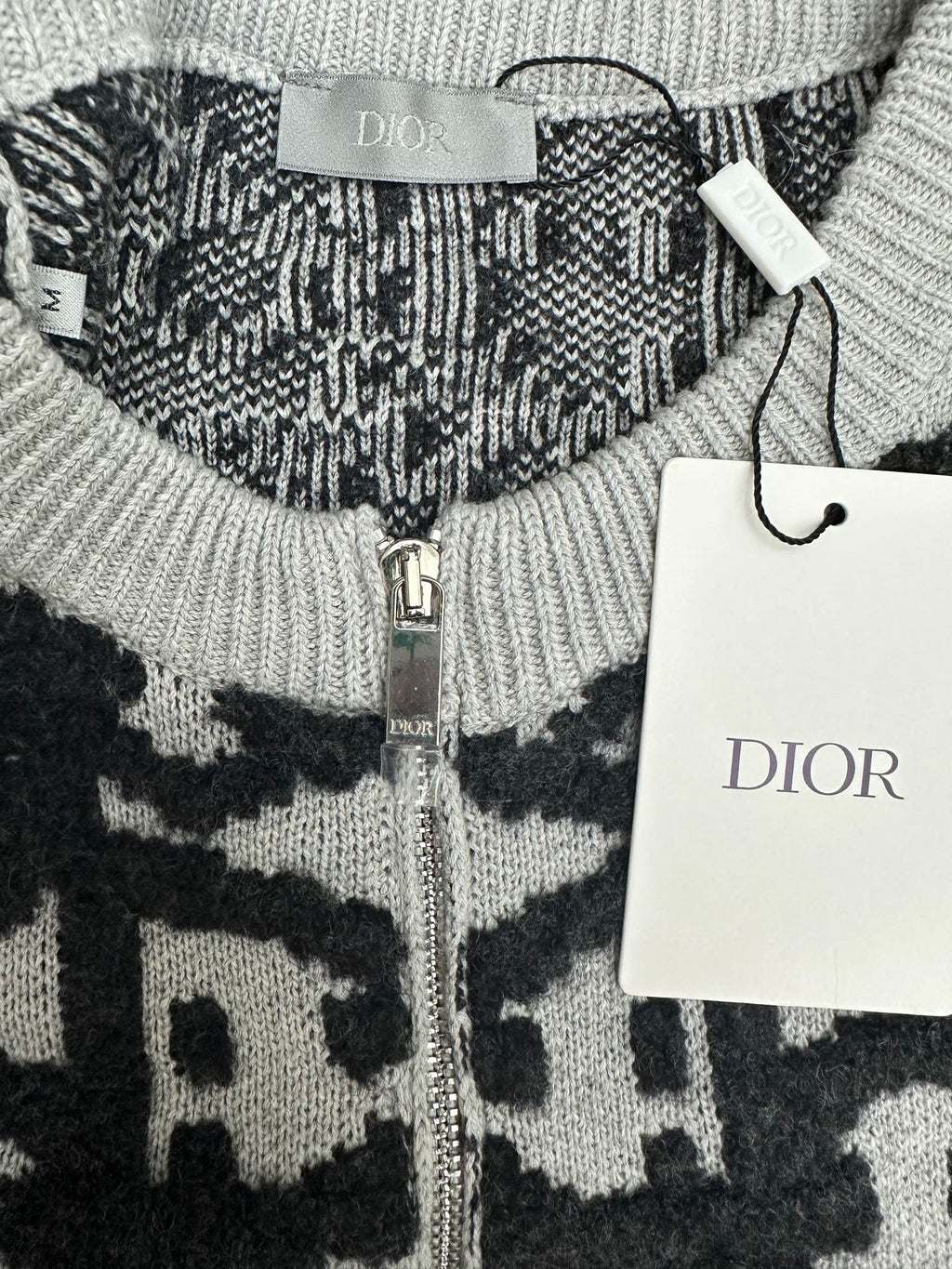 Dior jacquard knit cardigan, DIOR label and zipper pull, dark and white