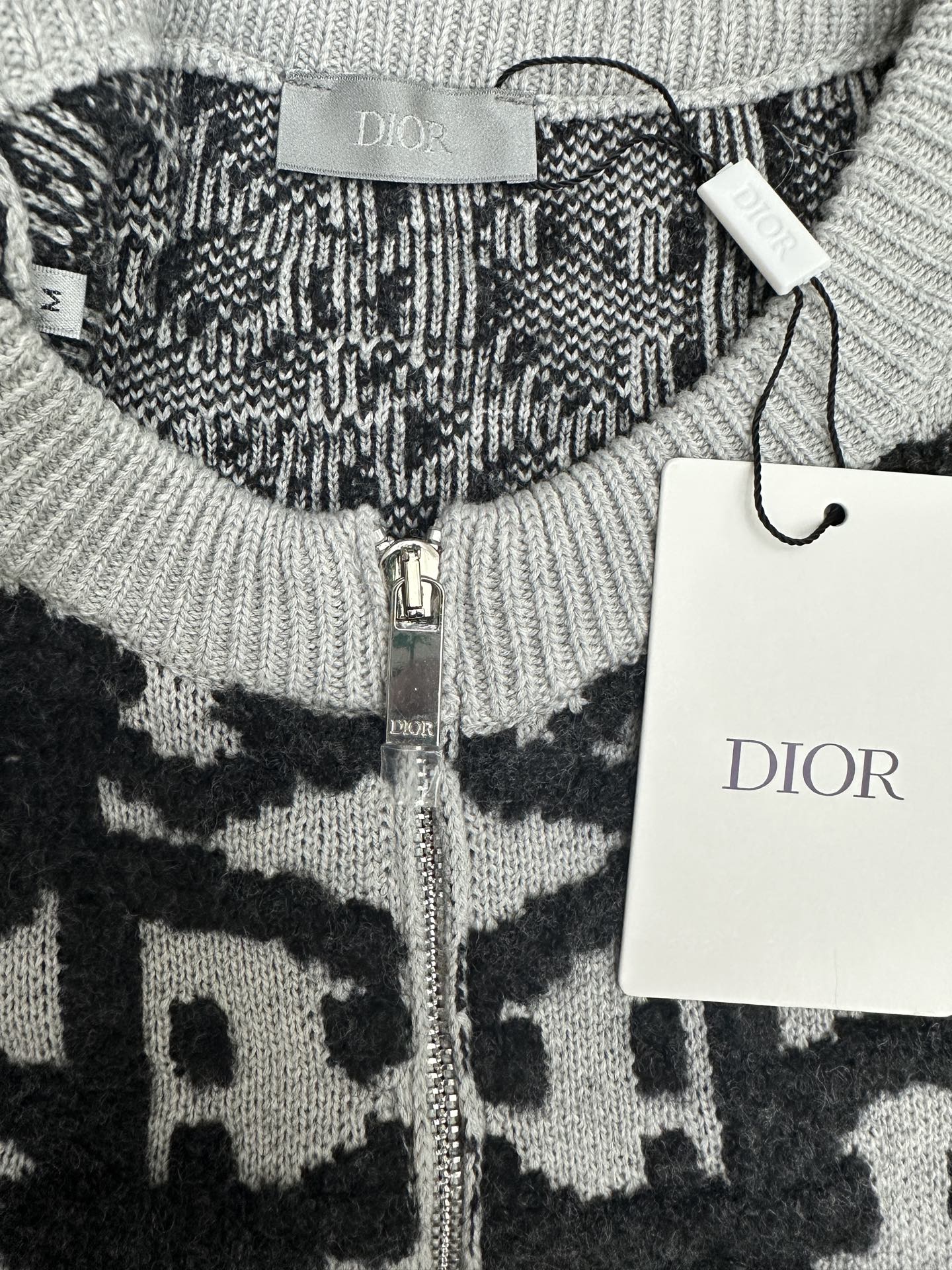 Dior jacquard knit cardigan, DIOR label and zipper pull, dark and white