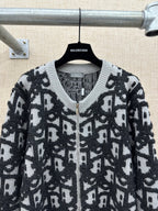 Dior jacquard knit cardigan, ribbed V-neck collar, front zipper, dark and white