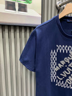 Navy short-sleeve T-shirt with rhinestone logo graphic, side view
