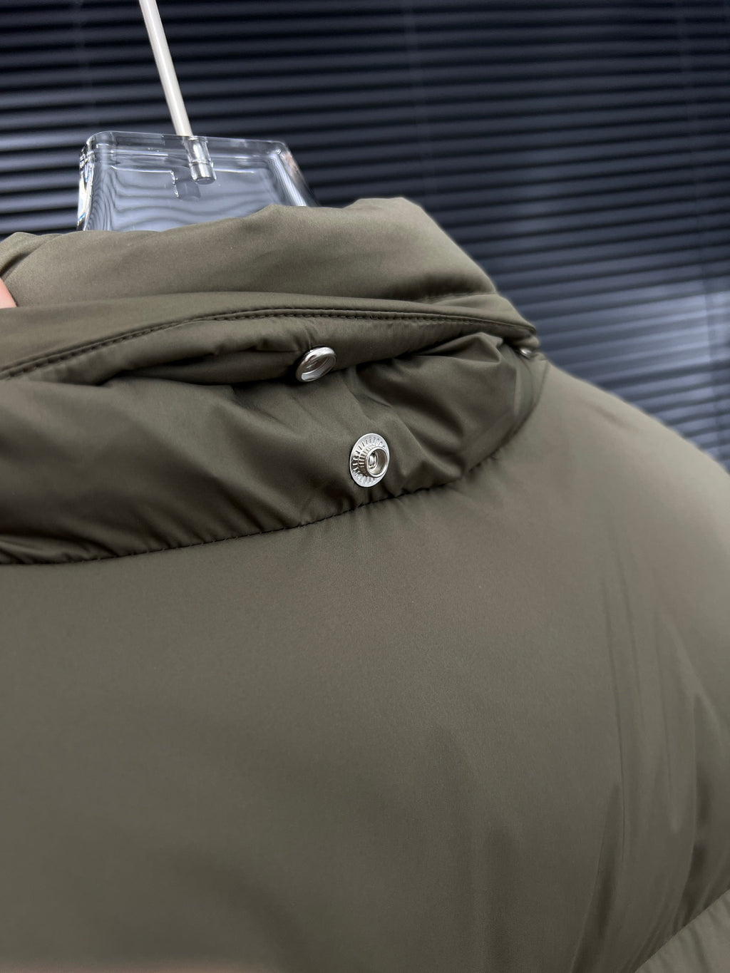 Olive long puffer jacket chest snap and front zipper
