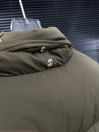 Olive long puffer jacket chest snap and front zipper